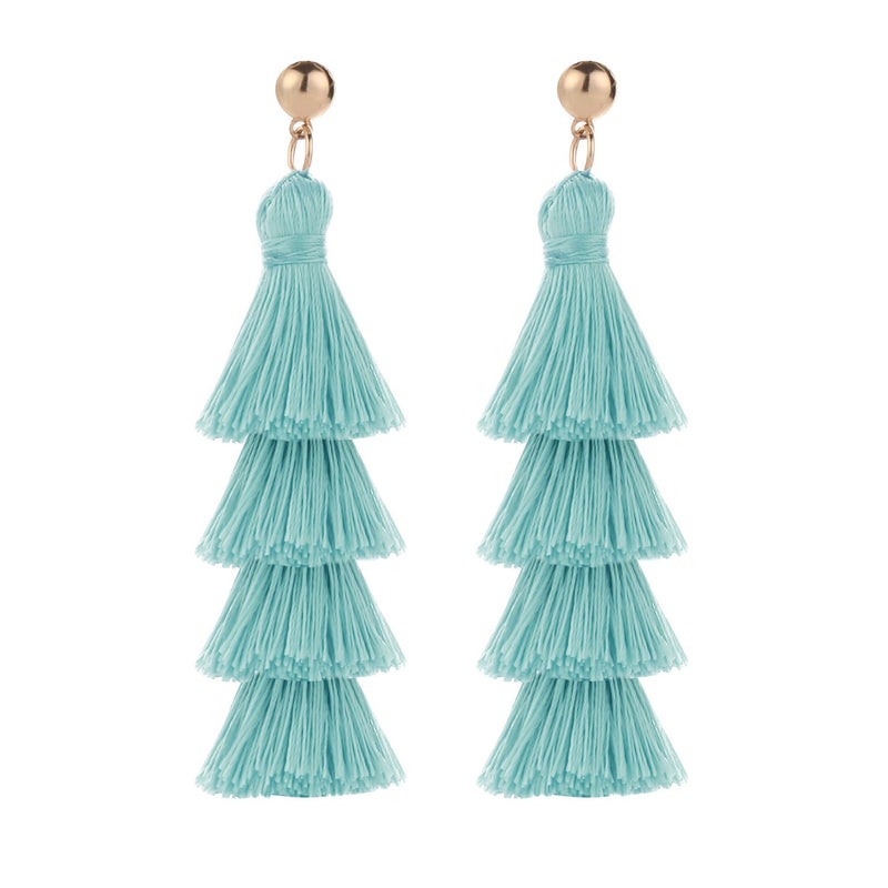BaubleStar Fashion Tassel Dangle Earrings for Women Layered Long Bonita Tiered Thread Tassel Turquoise Blue Drop Statement Jewelry - Image 1